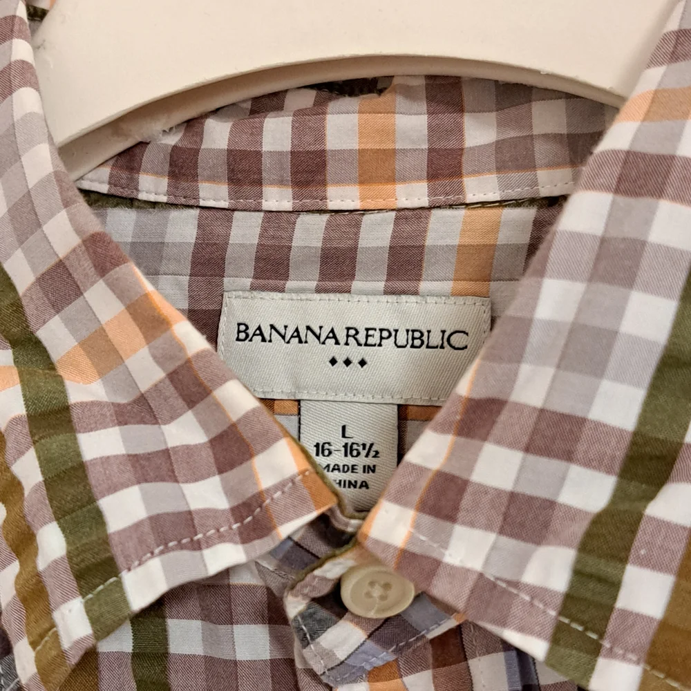 Banana Republic Plaid Shirt Green, Orange, & Brown Long Sleeve Men's 16-16 1/2